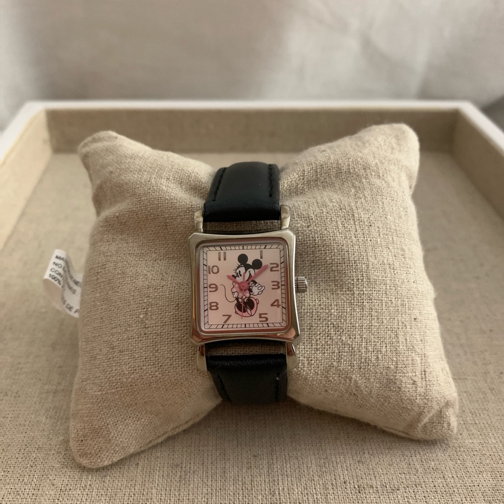 Vintage Minnie Mouse Square Watch with Black Leather Strap